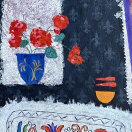 Still Life with Rug and Chillies by Jean Hall